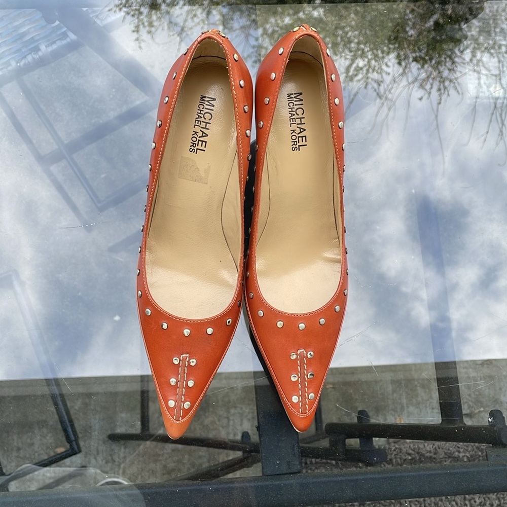 Michael Kors leather heels, burnt sienna orange with silver metal studs, size 8M